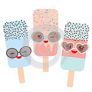 Set ice cream, ice lolly Kawaii with sunglasses pink cheeks and winking eyes, pastel colors isolated on white background. Vector