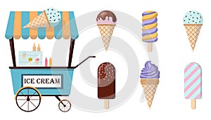 Set of ice-cream icons and ice-cream shopping cart. Collection of flat illustrations. Amusement park concept.
