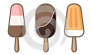 Set of ice cream icons vector doodle illustration. Kids collection of banana, chocolate and strawberry sunblind and