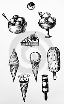 Set of Ice cream ink sketch. Hand drawn illustrations with scoop of ice cream in a waffle cone, ice cream in bowl with
