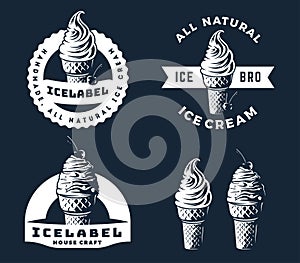 Set of ice cream logo, emblems and badges isolated on dark blue background