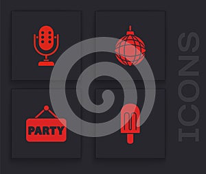 Set Ice cream, Microphone, Disco ball and Signboard party icon. Vector