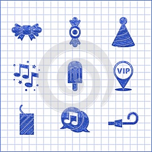 Set Ice cream, Musical note in speech bubble, Birthday party horn, Location Vip, Firework rocket, note, tone, Party hat