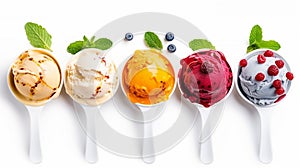 Set of ice cream scoops of different colors and flavors with berries. generative ai