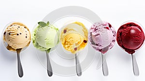 Set of ice cream scoops of different colors and flavors with berries. generative ai