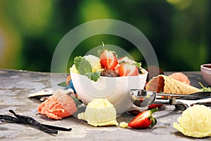 Set of ice cream scoops of different colors and flavours with berries and fruits