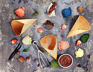 Set of ice cream scoops of different colors and flavours with berries and fruits