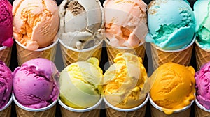 Set of ice cream scoops of different colors and flavours with berries, nuts and fruits Generative AI