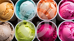 Set of ice cream scoops of different colors and flavours with berries, nuts and fruits Generative AI