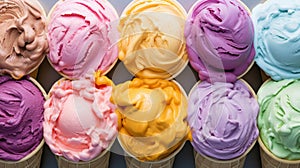 Set of ice cream scoops of different colors and flavours with berries, nuts and fruits Generative AI