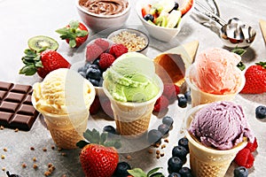 Set of ice cream scoops of different colors and flavours