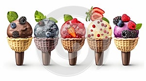 Set of ice cream scoops of different colors and flavours isolated on white background. Generative AI