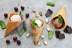 Set of ice cream scoops of different colors and flavours