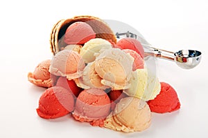 Set of ice cream scoops of different colors and flavours in the summer