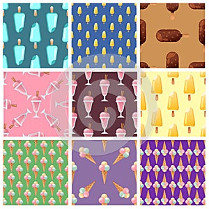 Set ice cream seamless pattern background cartoon colorful dessert vector illustration sweet snack icon cone