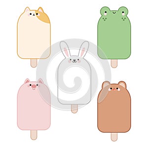 Set of ice cream on a stick in the form of animals. Frog. Cat. Bear. Rabbit. Pig.