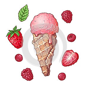 Set ice cream strawberry raspberry cherry. Hand drawing. Vector illustration