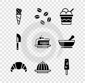 Set Ice cream in waffle cone, Coffee beans, bowl, Croissant, Pudding custard, Knife and Piece cake icon. Vector