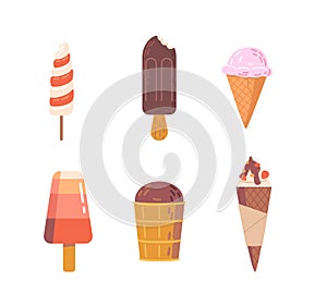 Set Of Ice Cream, Waffle Cone, Popsicle, Fruit Ice Or Yogurt Icecream. Sweet Creamy Dessert Of Various Flavors, Icons photo