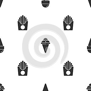 Set Ice cream in waffle cone, and Potatoes french fries box on seamless pattern. Vector