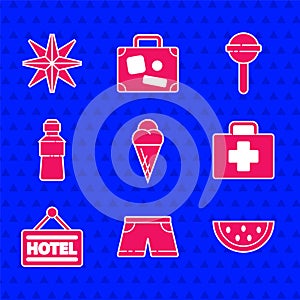 Set Ice cream in waffle cone, Swimming trunks, Watermelon, First aid kit, Signboard with text Hotel, Bottle of water