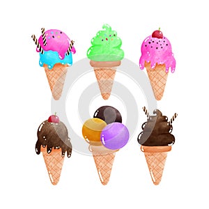 set of ice creams cone tasty watercolor style, Sweet summer delicacy sundaes ice-cream cones