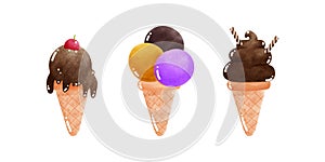 set of ice creams cone tasty watercolor style, Sweet summer delicacy sundaes ice-cream cones