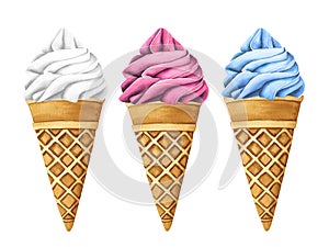 Set ice creams. Sweet summer dessert, gelato with different tasties, ice-cream cone and popsicle. Watercolor