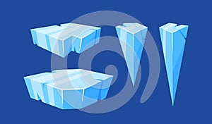 Set Of Ice Cubes And Crystals, Blue Frozen Blocks, Stalactites, Icicles, Iceberg, Iced Floes Or Cave Stalagmite Elements