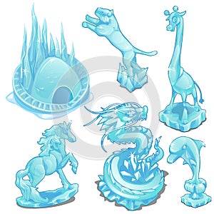 Set of ice figurines of wild and fantastic animals
