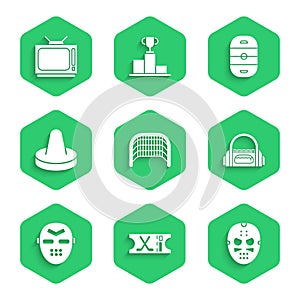 Set Ice hockey goal, Hockey sports ticket, mask, Sport bag, Mallet for playing air, rink and Retro tv icon. Vector