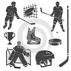 Set of ice hockey player and equipment icon. Vector illustration. Set include: player, helmet, sticks, goalkeeper, puck