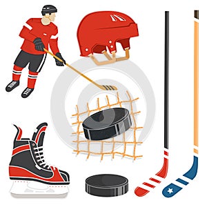 Set of ice hockey player and equipment icon. Vector illustration. Set include: player, helmet, sticks, puck and skates.