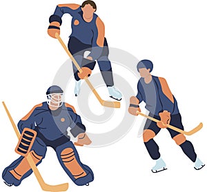 Set Ice hockey player flat vector illustration. Adult young man in uniform holding hockey stick cartoon character. Professional