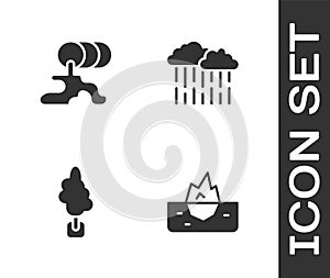 Set Iceberg, Barrel oil leak, Tree and Cloud with rain icon. Vector