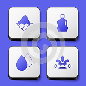 Set Iceberg, Big bottle with clean water, Water drop and icon. White square button. Vector