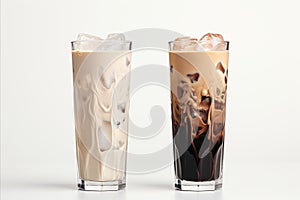 Set of iced black coffee and latte coffee with milk in tall glass on white background