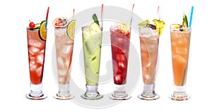 Set of iced cocktails: with watermelon, cucumber, orange, lime and cherry, tangerine, passion fruit, pineapple