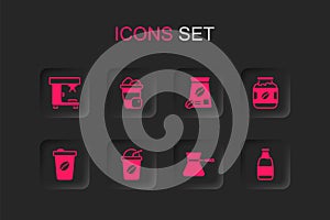 Set Iced coffee, Coffee machine, turk, jar bottle, Milk, Bag beans and cup to go icon. Vector