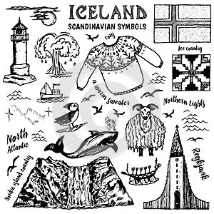 Set of Iceland Symbols in vintage style. Traditional national signs on white background. Scandinavian culture. Hand