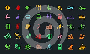 Set of icon airport public navigation. Transport escalator luggage and more. Flat color symbols.
