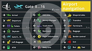 Set of icon airport public navigation. Transport transfer arrival and more. Flat color sign template.