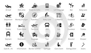 Set of icon airport public navigation. Transport transfer arrival and more. Flat sign template.