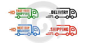 Set icon car delivery. Banner with text. Next day delivery. Fast free shipping.