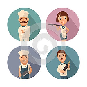 Set icon character cook. Waiter, chef, waitress. Vector flat illustration