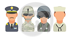 Set icon character military people. Soldier, officer, pilot, marine, sailor