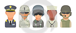 Set icon character military people. Soldier, officer, pilot, marine, sailor, trooper