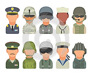 Set icon character military people. Soldier, officer, pilot, marine, sailor, trooper