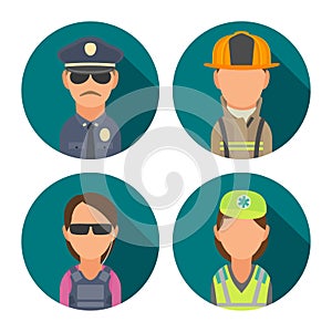 Set icon character people. Police, bodyguard, fireman, paramedic.