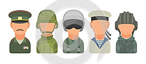Set icon character russian military people. Soldier, officer, pilot, marine, trooper, sailor